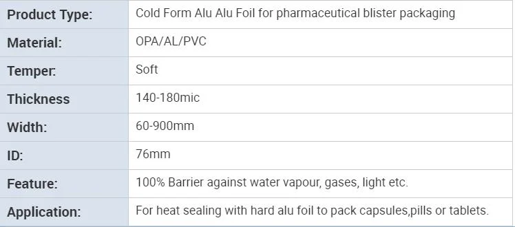 Cold Forming Alu Aluminum Foil Pharmaceutical Blister Packaging Tablets, Capsules